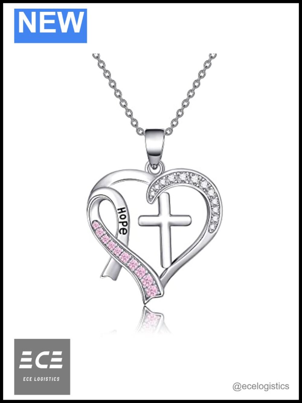 Sterling Silver Breast Cancer Awareness Necklace Pink Ribbon Cross Pendant 18"